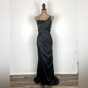 Lavetir Satin Floor Length Gown Size 2 Black One Shoulder Lace Up Back Mermaid